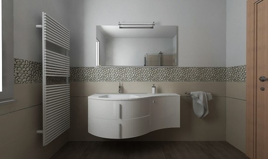 Progettazione di un bagno con la serie Argilla di ceramica Naxos e sassi naturali